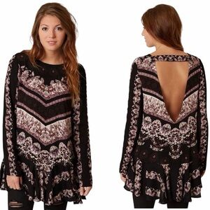 Free People Black and Blush Printed Open-Back Long-Sleeve